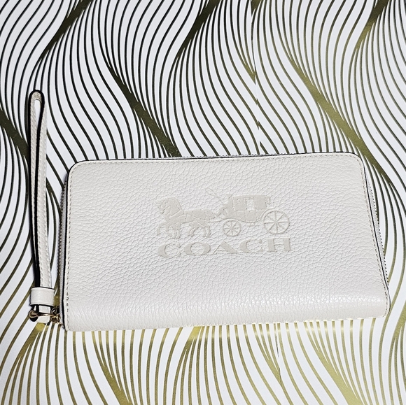 Coach Jes Large Phone Wallet Wristlet Clutch with Horse & Carriage Chalk Gold - Picture 9 of 13
